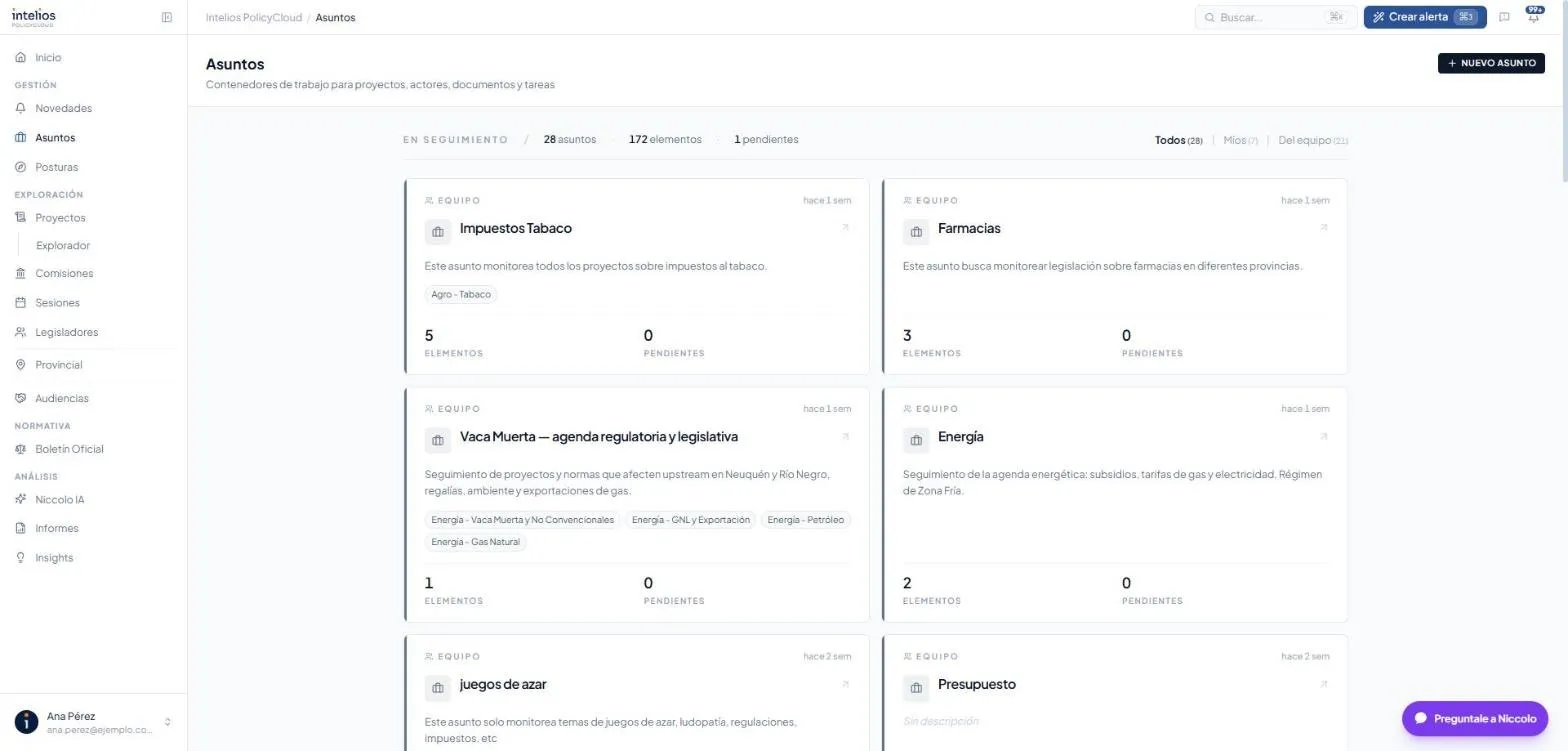 La lista de Asuntos, con tarjetas que muestran visibilidad, descripción, elementos y pendientes