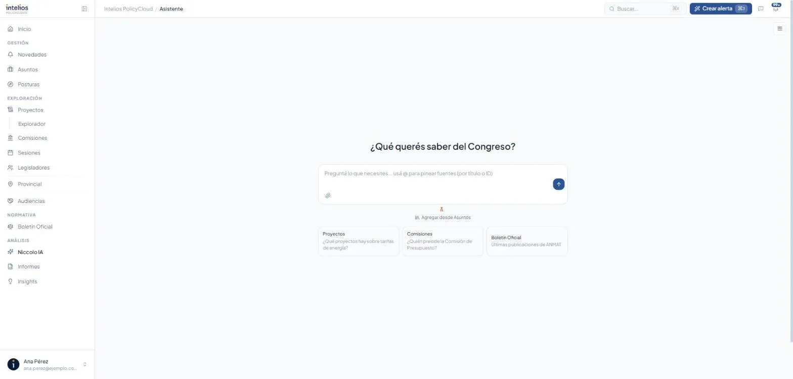 Pantalla de Niccolo IA, con la caja de pregunta y las sugerencias de Proyectos, Comisiones y Boletín Oficial
