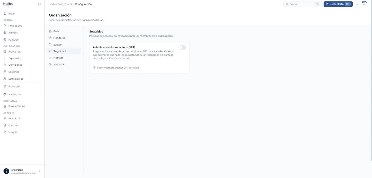 Organización → Seguridad, con el interruptor para exigir 2FA a todos los miembros