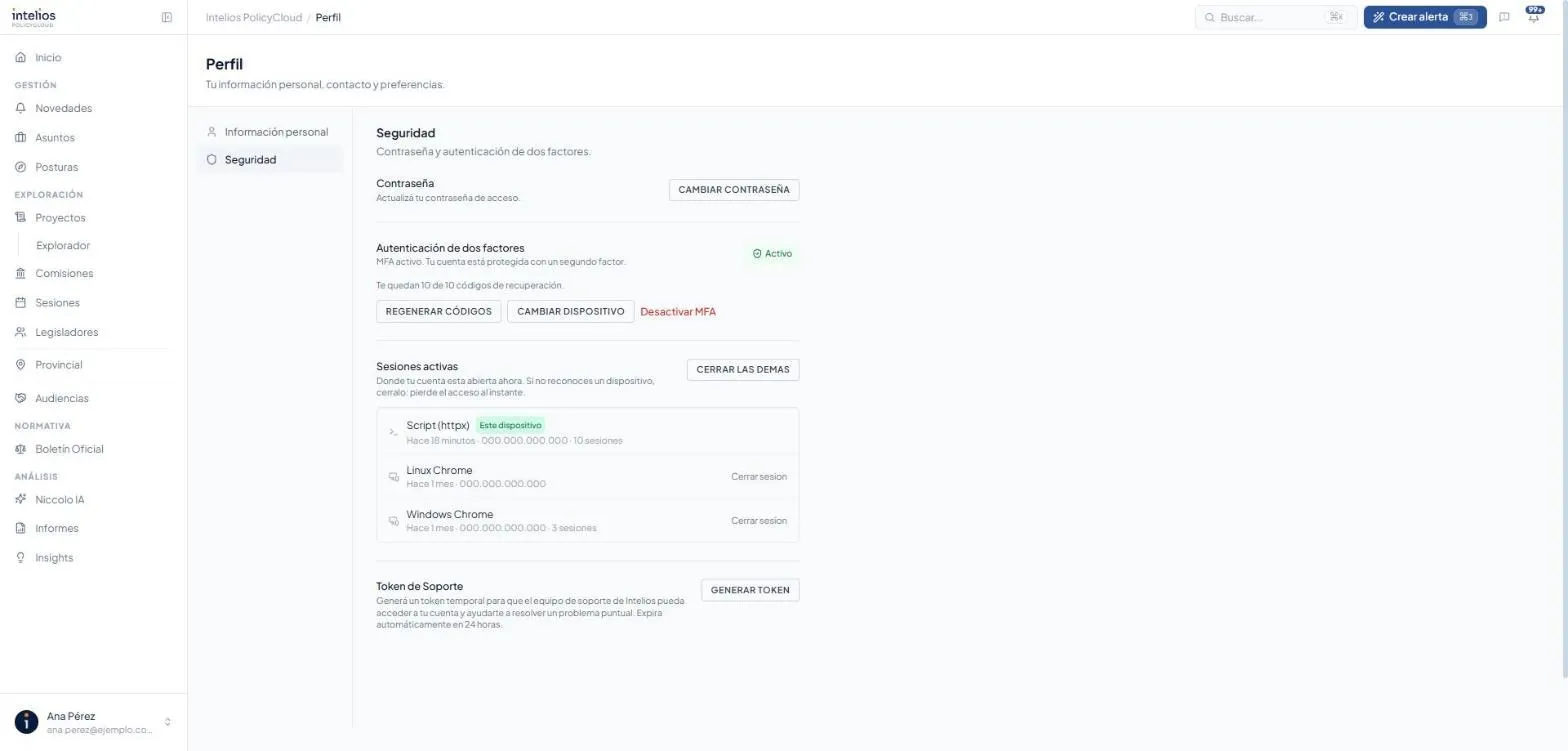 Perfil → Seguridad, con el botón Generar token en el bloque Token de Soporte