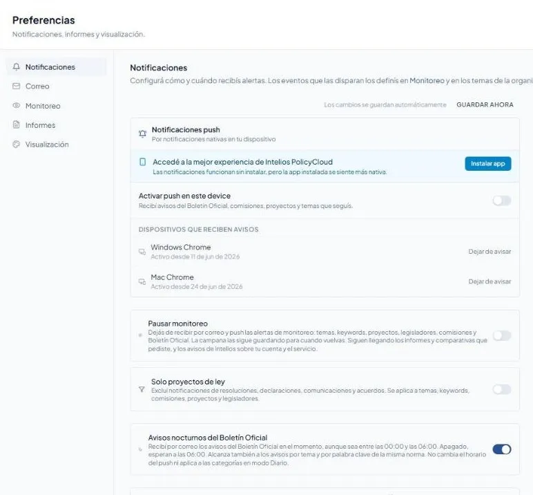 Preferencias de avisos, con el Punto de partida y los bloques Seguimientos y Monitores